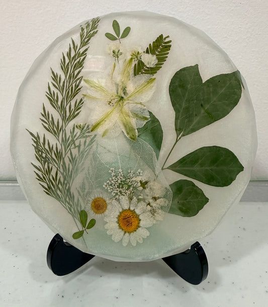4 3/4" Round Crystal Edge Coaster - Pressed Flowers w/Stand